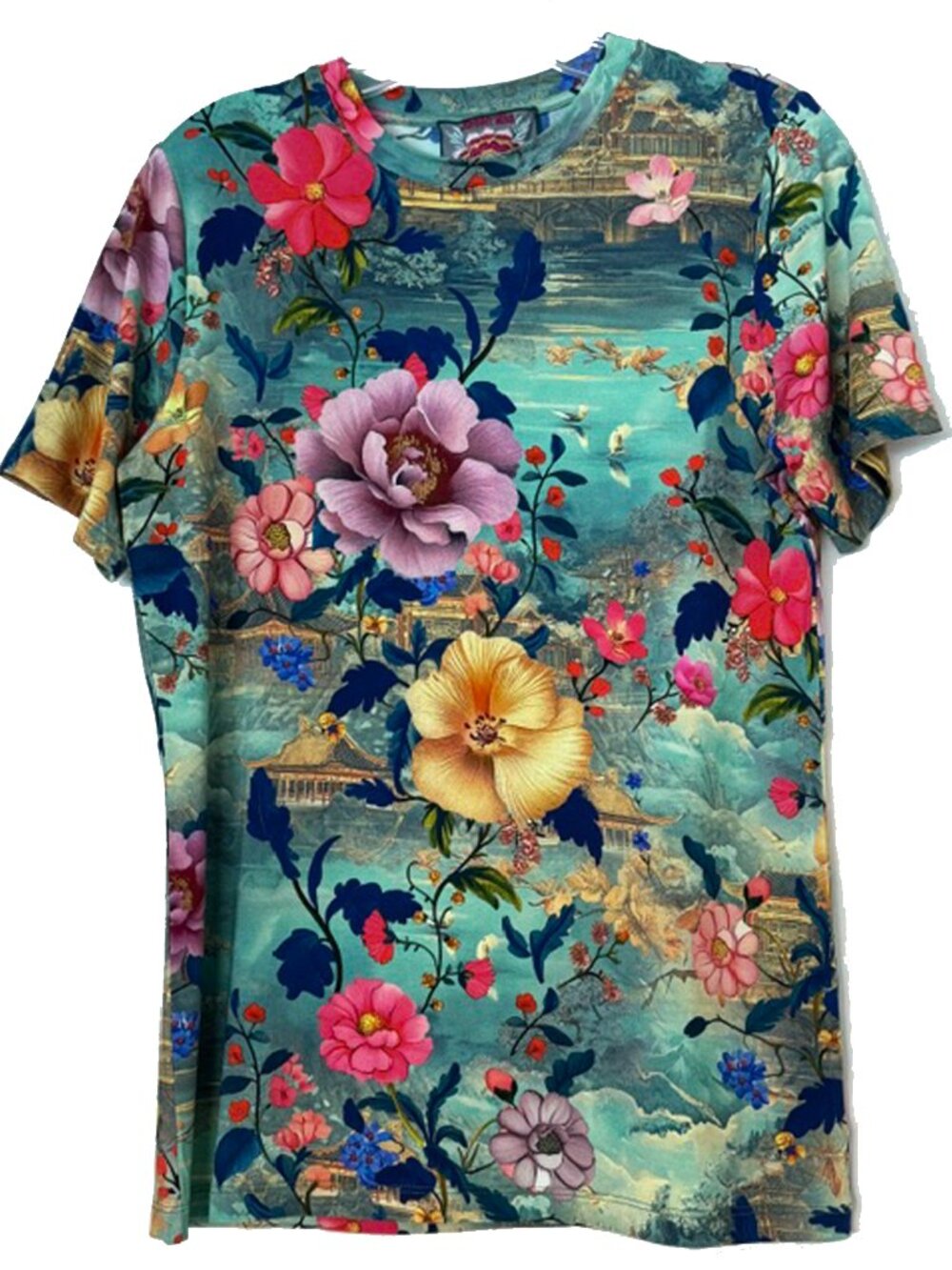 Johnny Was Janie Favorite Chemis Short Crew Tee Pink Floral Shirt Green Top NEW